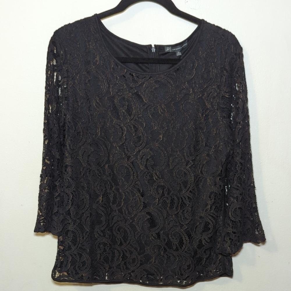 Adrianna Papell Black Lace Blouse with Gold Details 3/4 Sleeve NEW Women Size XL